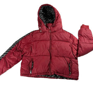 Guess Los Angeles Mens Large Puffer Jacket Red Hooded Y2K Streetwear Logo Coat
